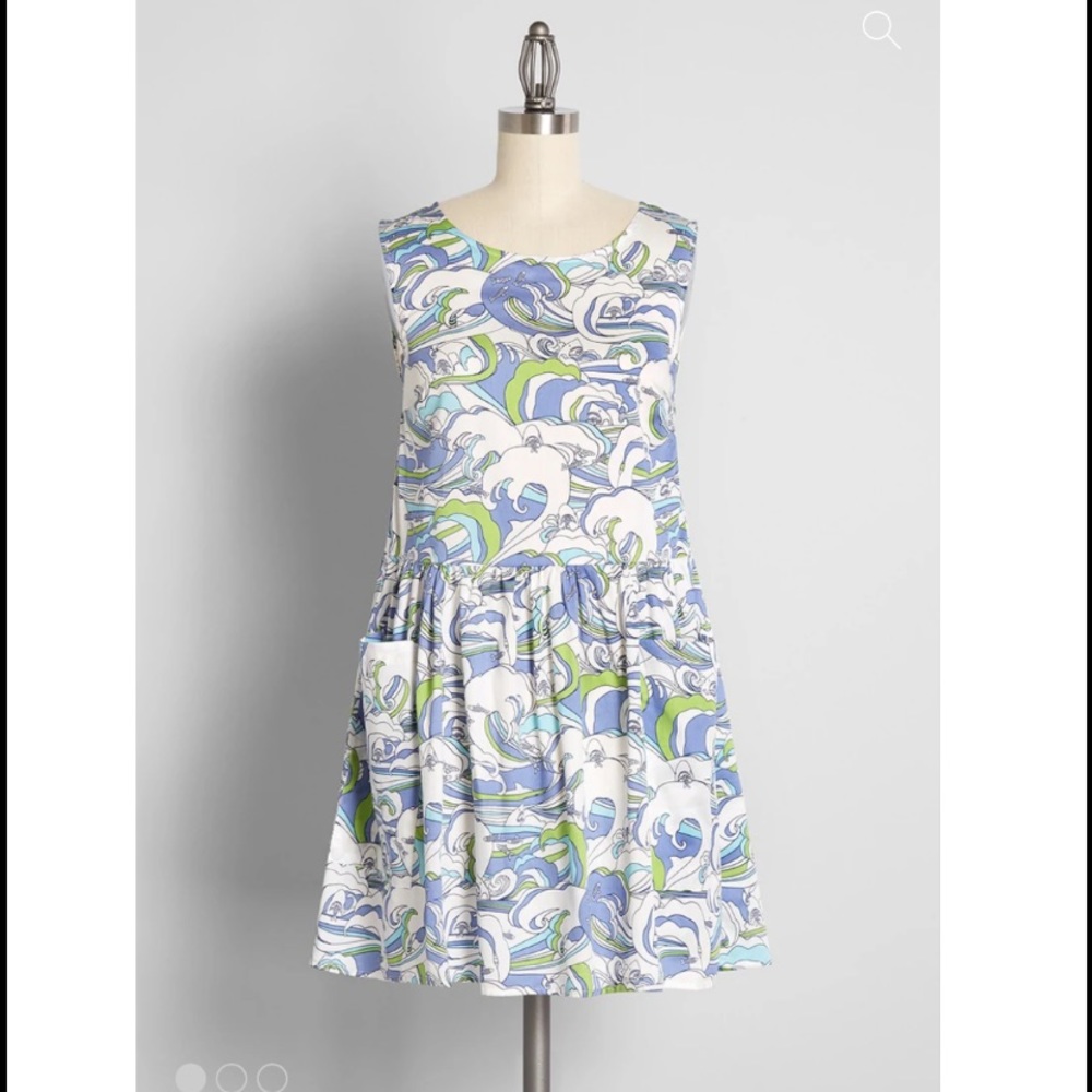 NWT ModCloth Gathering Wildflowers Waves and Sharks Smock Dress
